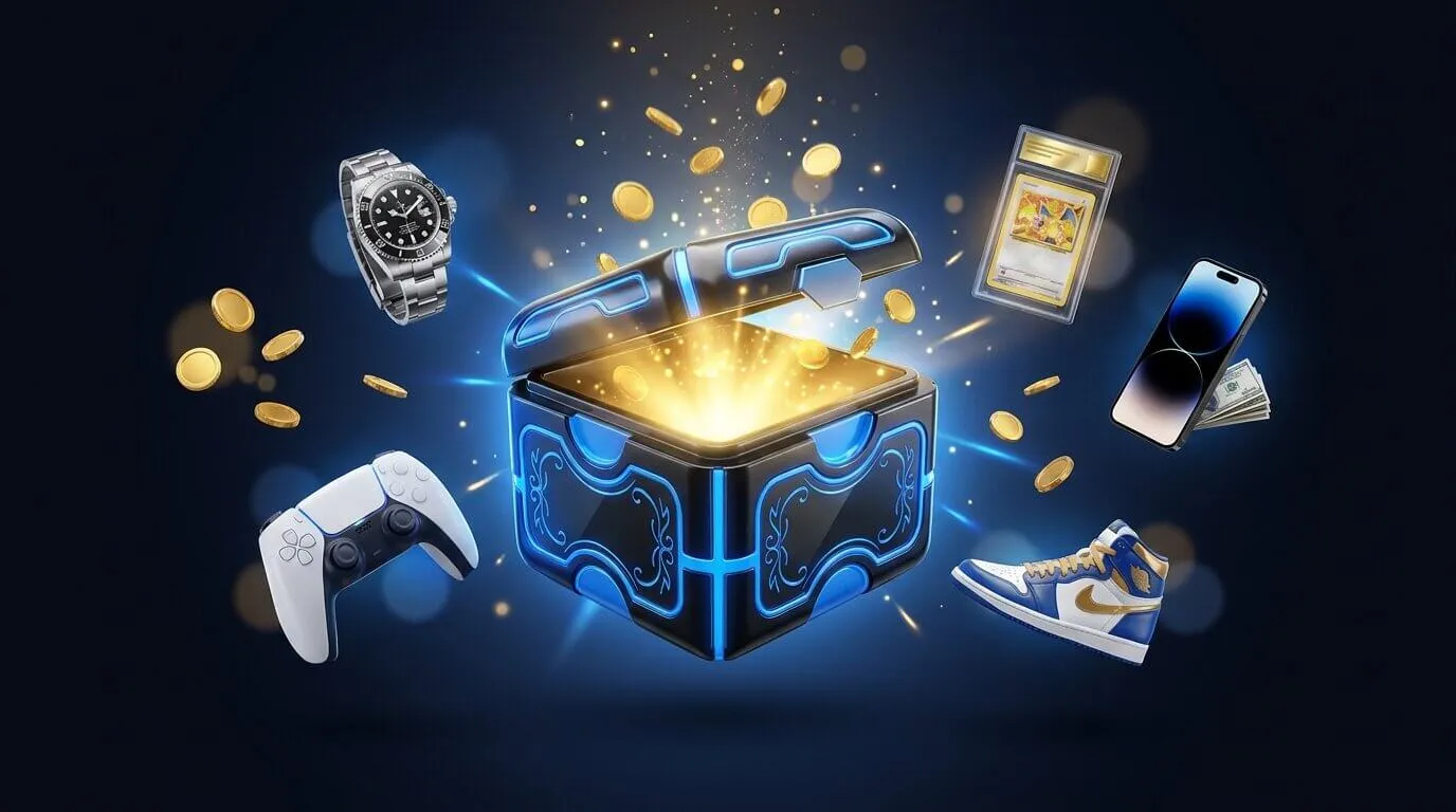 A glowing mystery box opening to reveal prizes — a luxury watch, a graded Pokémon card, a smartphone, cash, a sneaker, and gold coins.